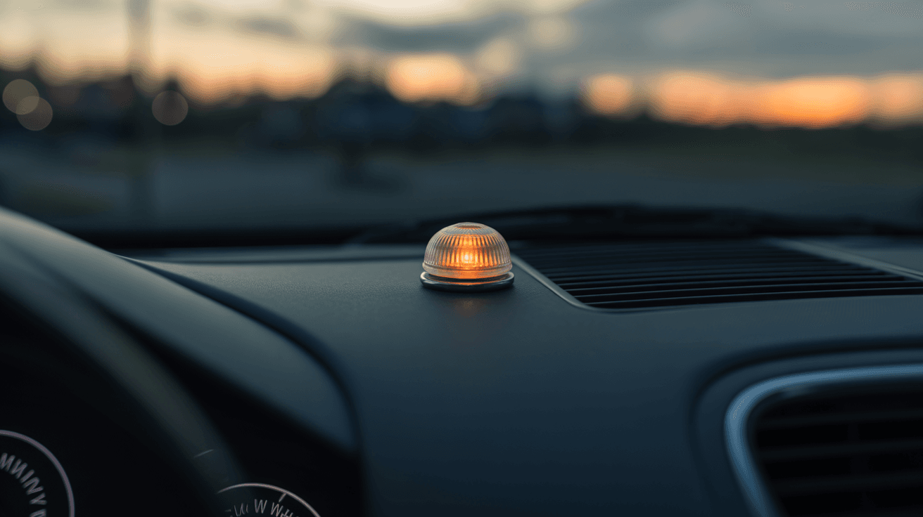A car dashboard at dusk with a softly glowing amber check engine warning light