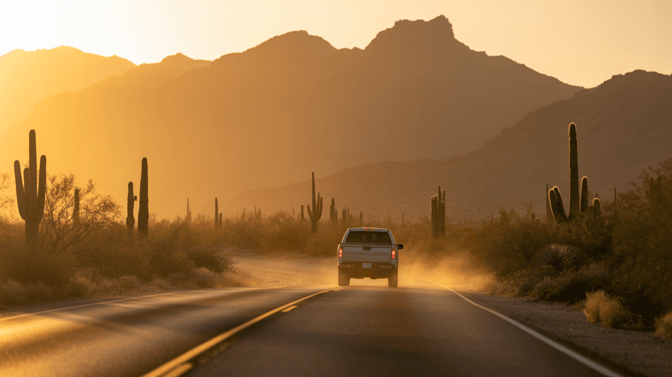 An Arizona desert highway at golden hour with a work pickup truck and saguaro silhouettes