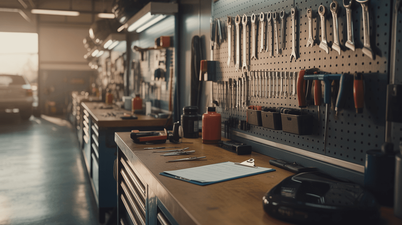 A clean, organized auto repair bay with tools arranged on a pegboard in warm morning light