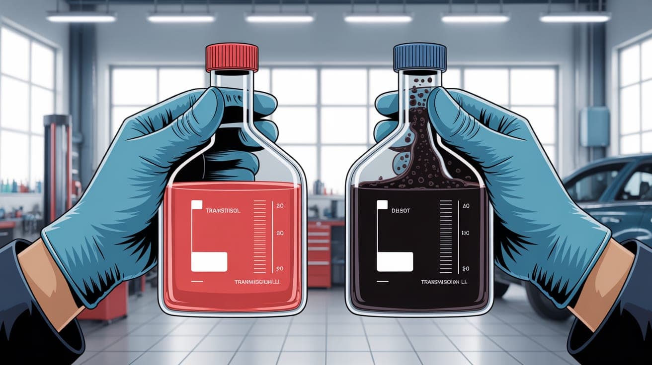 A side-by-side comparison shot inside a clean, professional auto shop. On the left, a gloved technician's hand holds up a clear beaker of vibrant, bright red new transmission fluid; on the right, anot