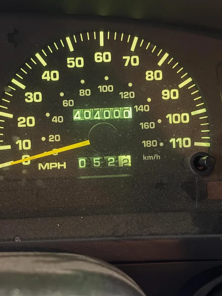 A Toyota odometer reading 404,000 miles