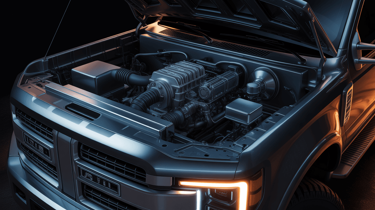 Diesel truck engine bay under dramatic low light