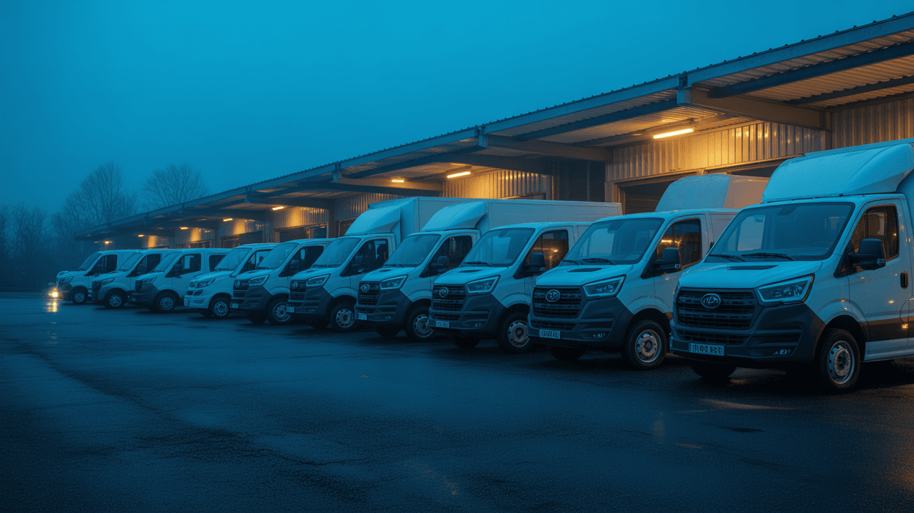 A row of work trucks and cargo vans at a depot at dusk